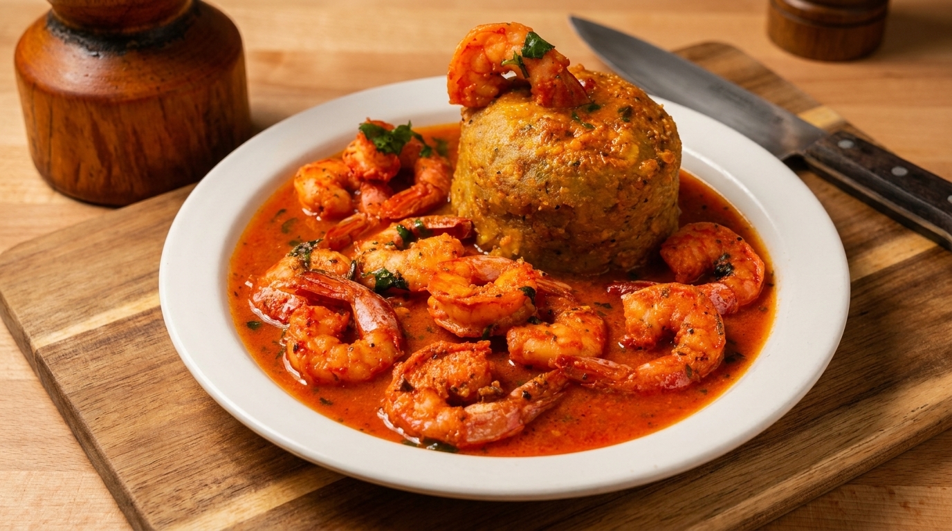 Mofongo with shrimp in a red sauce, garnished with parsley, on a white plate.