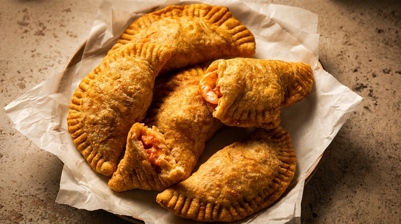 Golden-brown empanadas, some split open to reveal a savory filling, on white parchment paper.