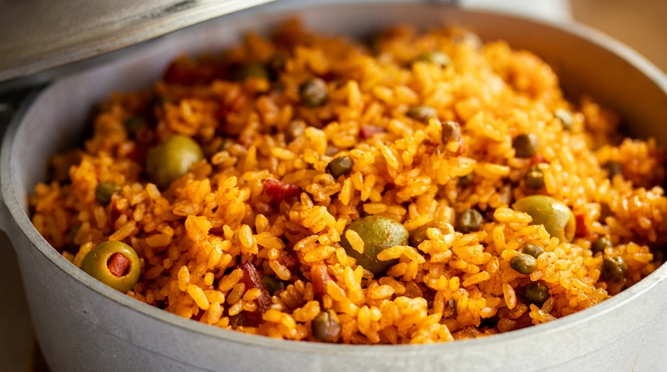 Close-up of vibrant orange rice with green olives and peas in a metal pot.
