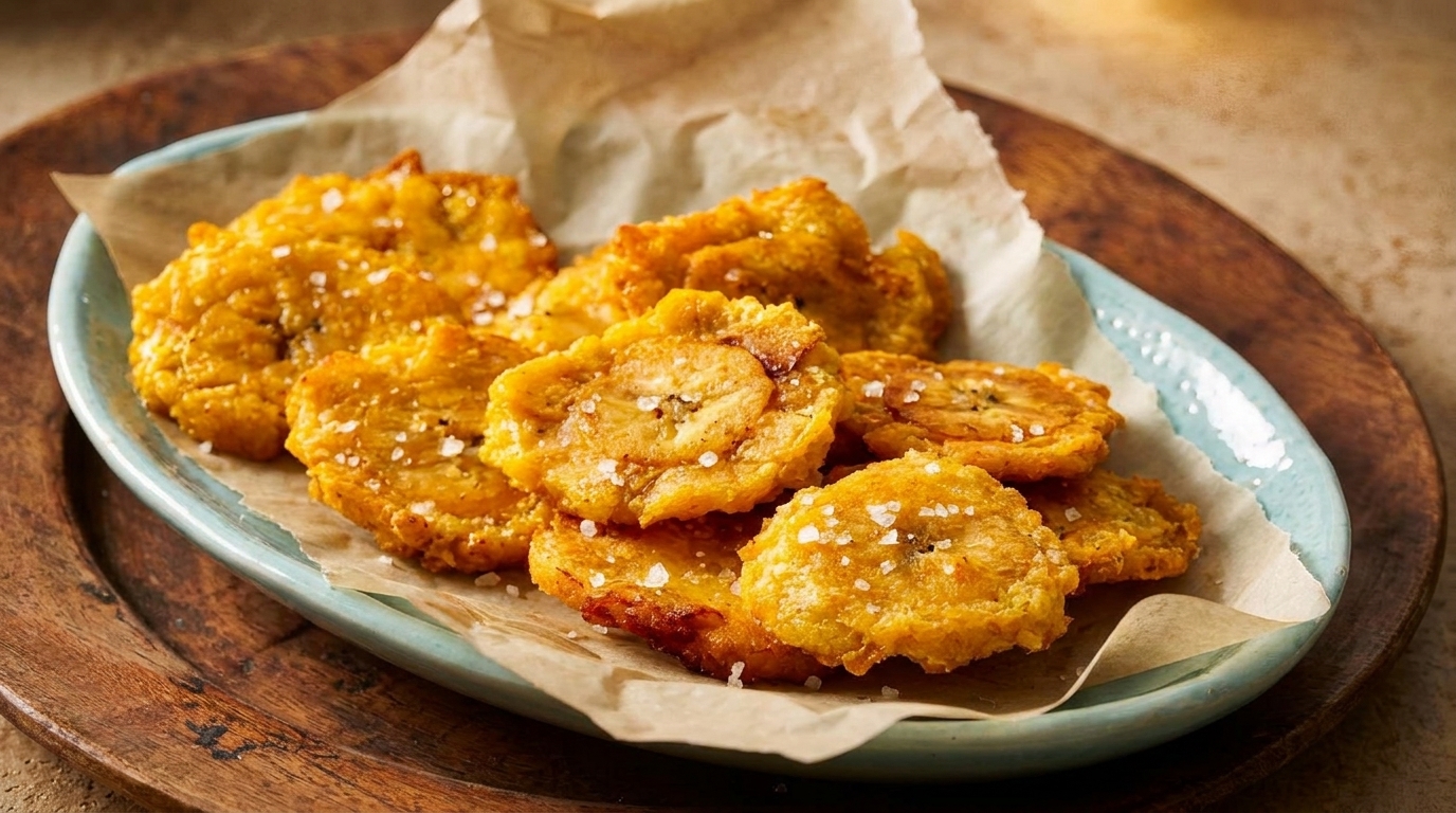 Golden-brown tostones, or fried plantains, sprinkled with sea salt on a light blue plate.