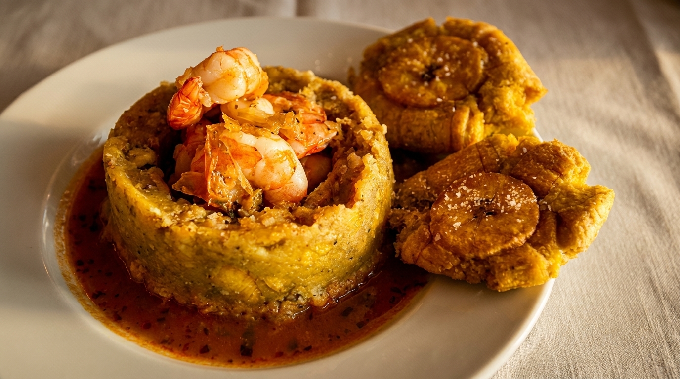 Mofongo with shrimp in a savory sauce, served with crispy tostones on a white plate.