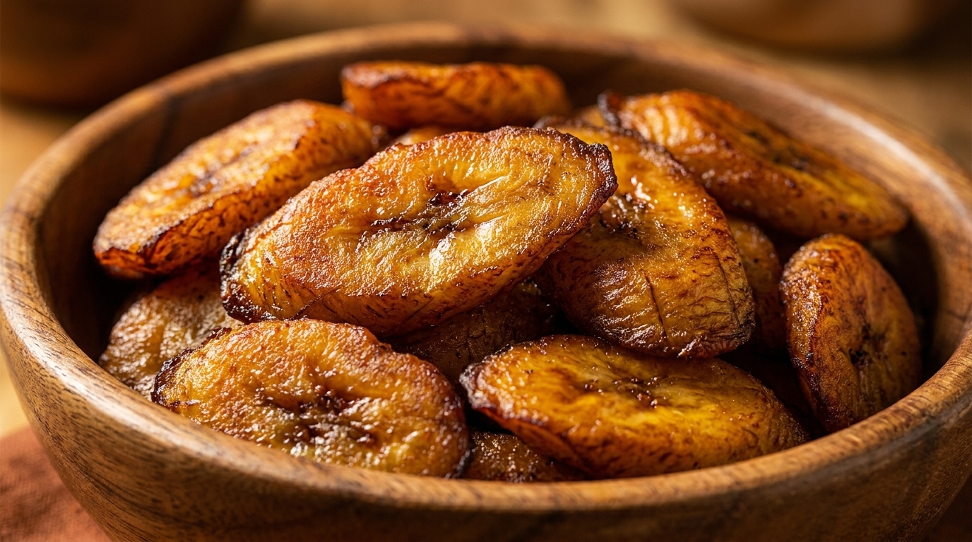 Close-up of golden brown fried plantains in a rustic wooden bowl.