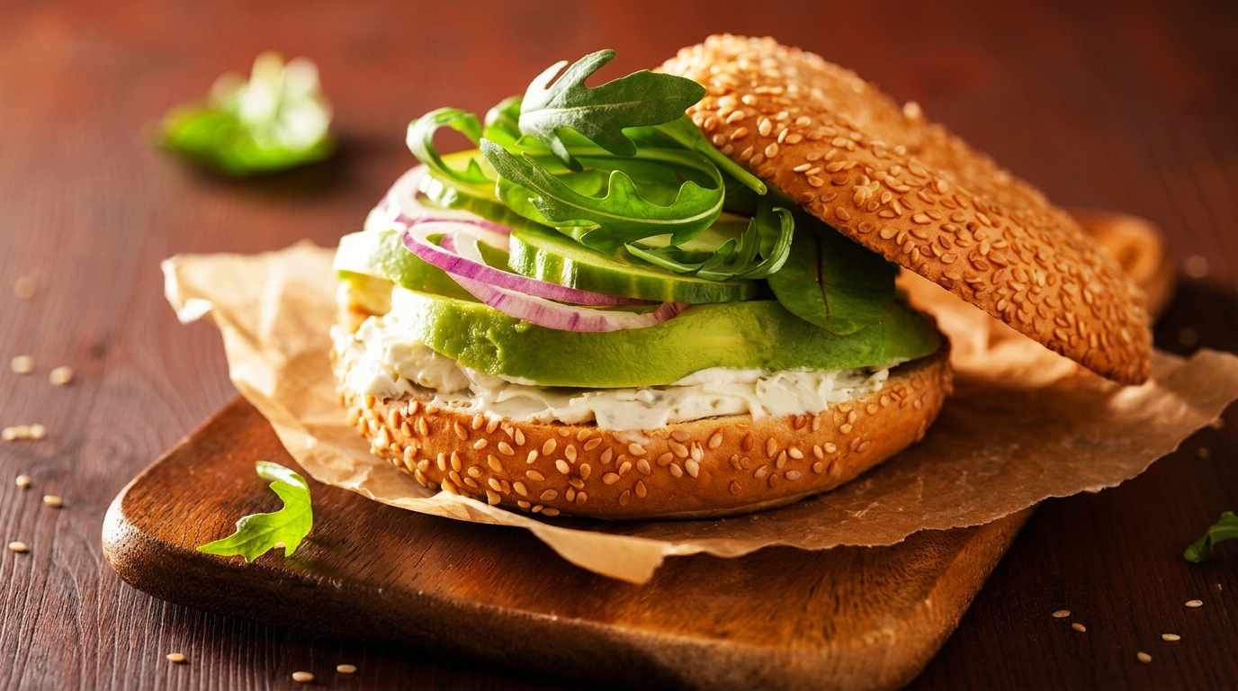 Sesame bagel sandwich with cream cheese, avocado, cucumber, red onion, and arugula on a wooden board.