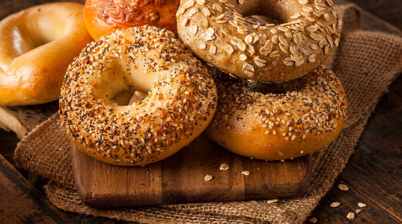 Assortment of fresh bagels, including plain, everything, and oat-topped, on a wooden board.