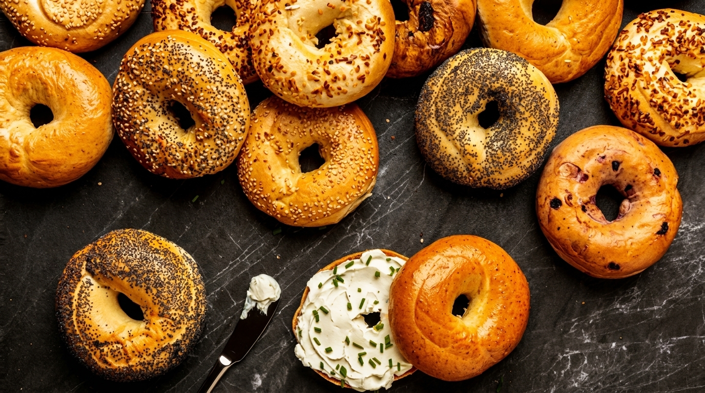 Assortment of bagels with various toppings, one with cream cheese and chives, on a dark surface.
