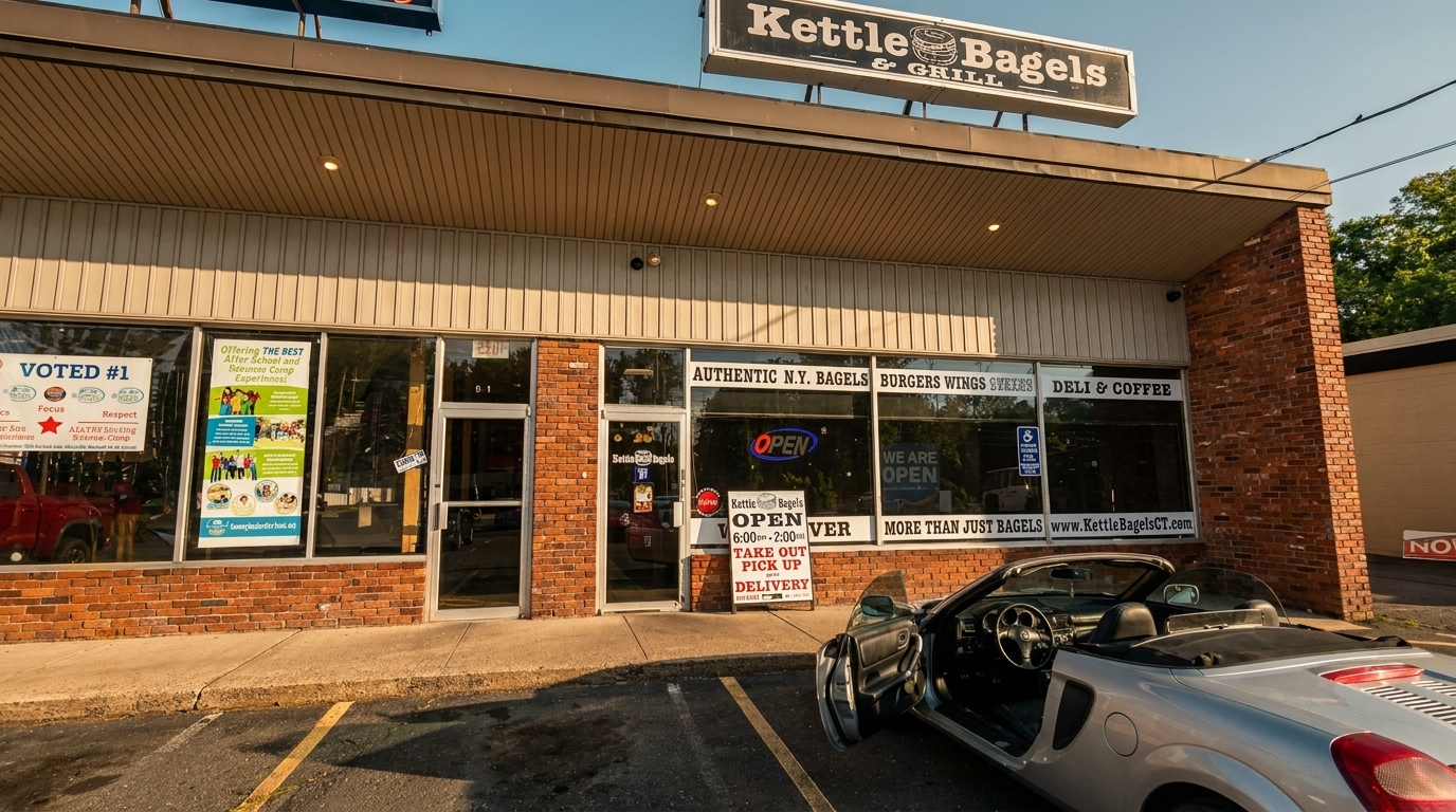 Exterior of Kettle Bagels & Grill with a silver convertible parked in front.