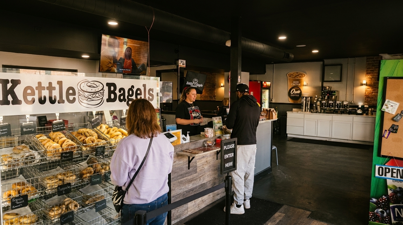 Customers ordering at the counter of Kettle Bagels, with a display of fresh bagels in the foreground.