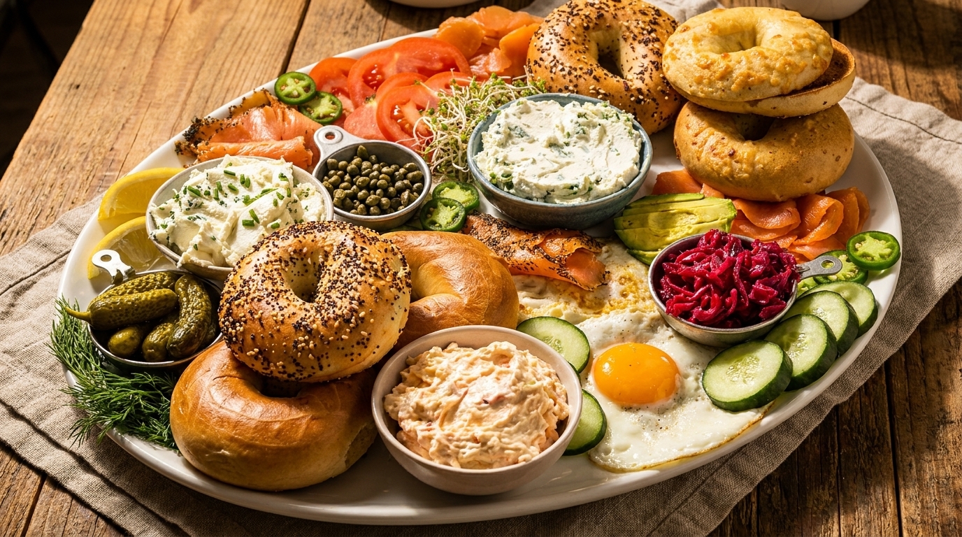 A large platter of bagels, smoked salmon, cream cheese, capers, pickles, and fried eggs.