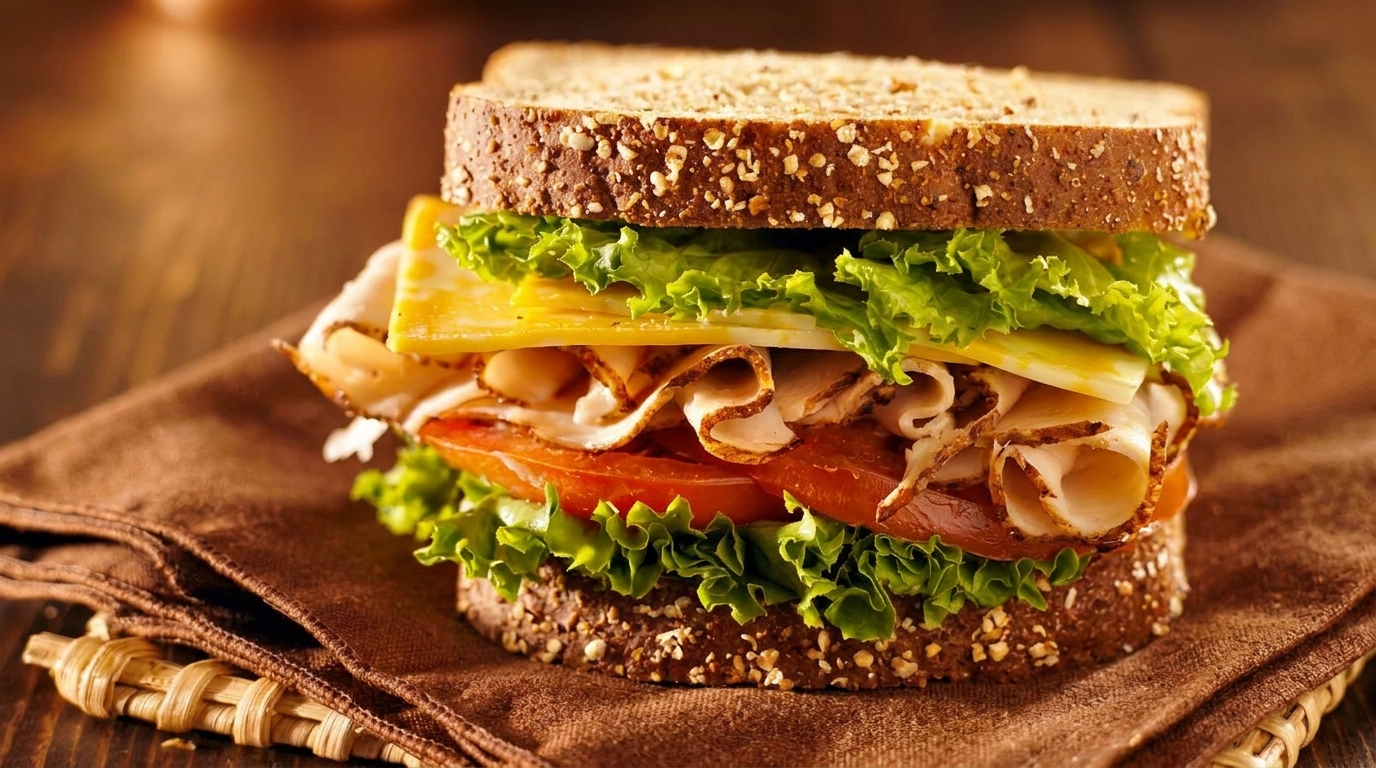 Hearty turkey and cheese sandwich on whole wheat bread with lettuce and tomato, on a brown napkin.