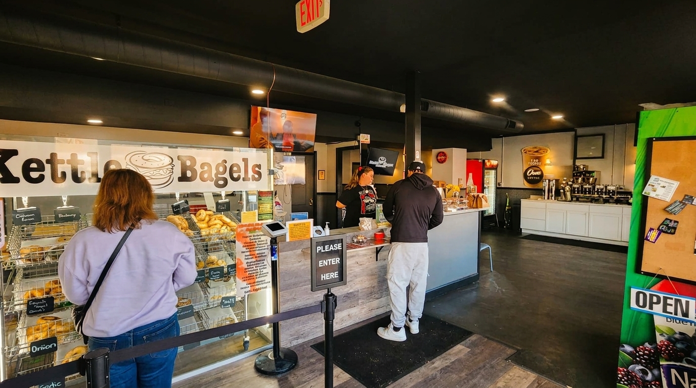 Customers ordering at the counter of Kettle Bagels, with a display of bagels and coffee station.