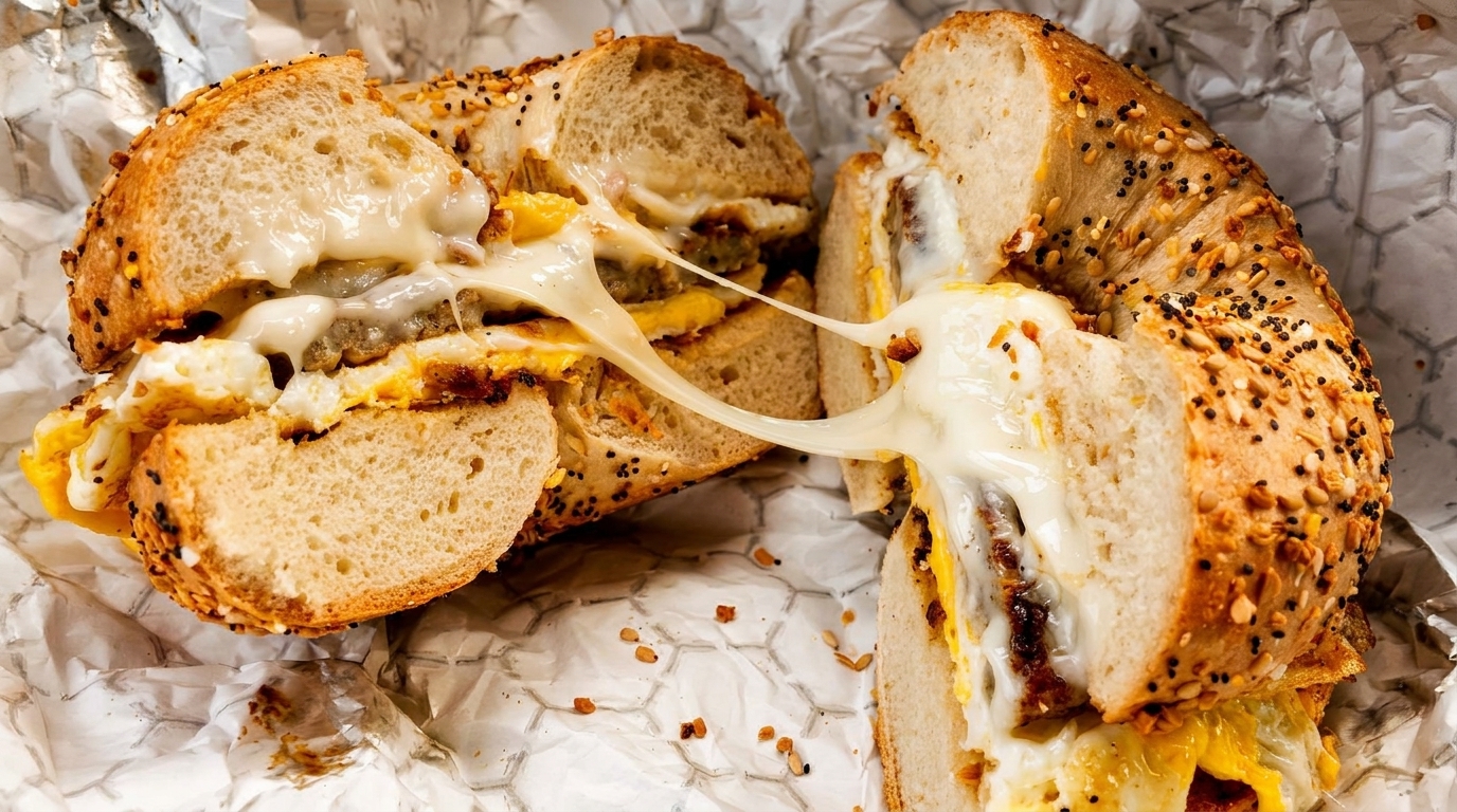 Close-up of a sliced everything bagel breakfast sandwich with melted cheese, egg, and sausage.