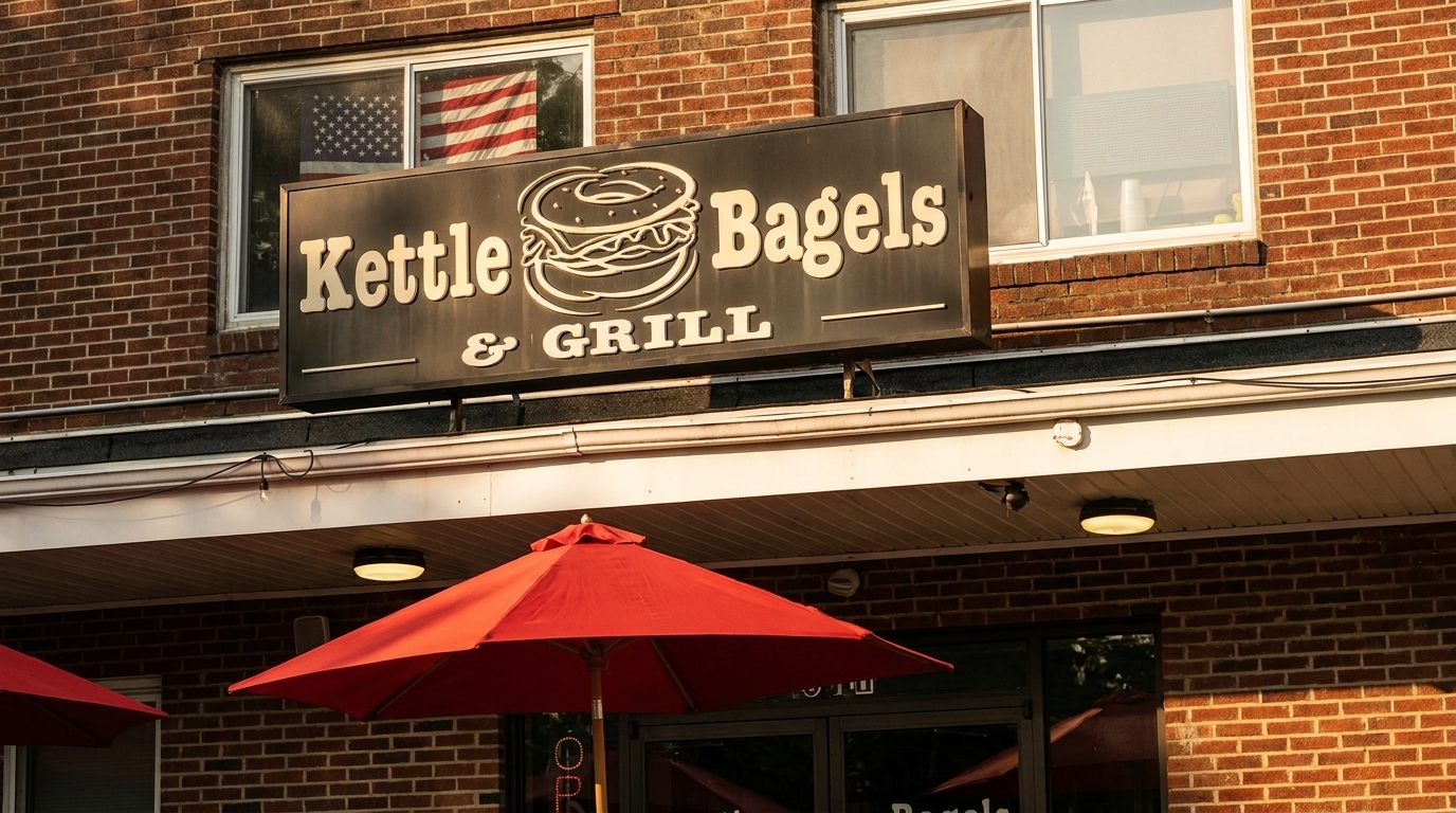 Kettle Bagels & Grill sign on a brick building with red umbrellas and an American flag in the window.