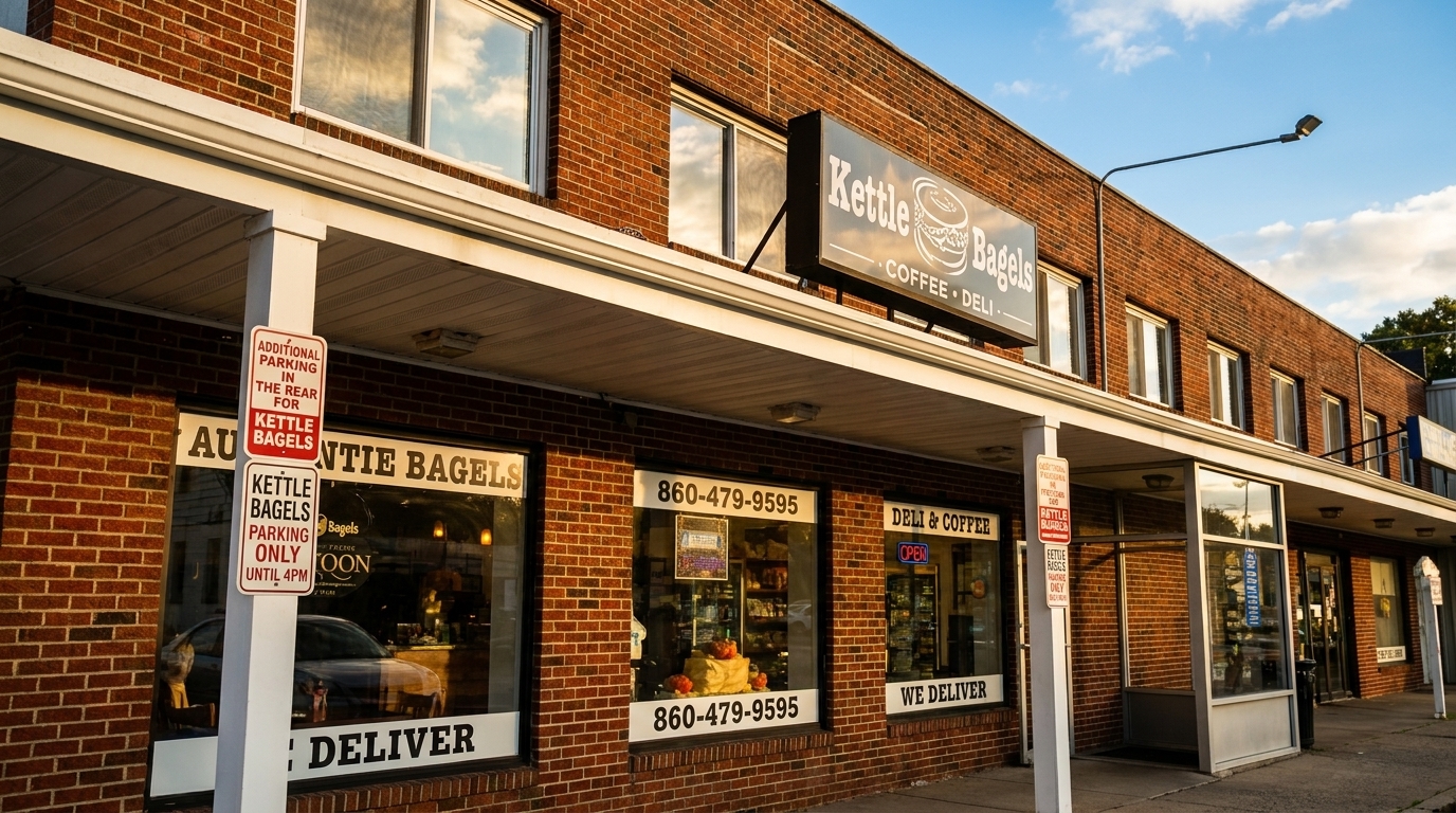 Exterior of Kettle Bagels, a brick building with a sign, windows, and parking signs under a blue sky.