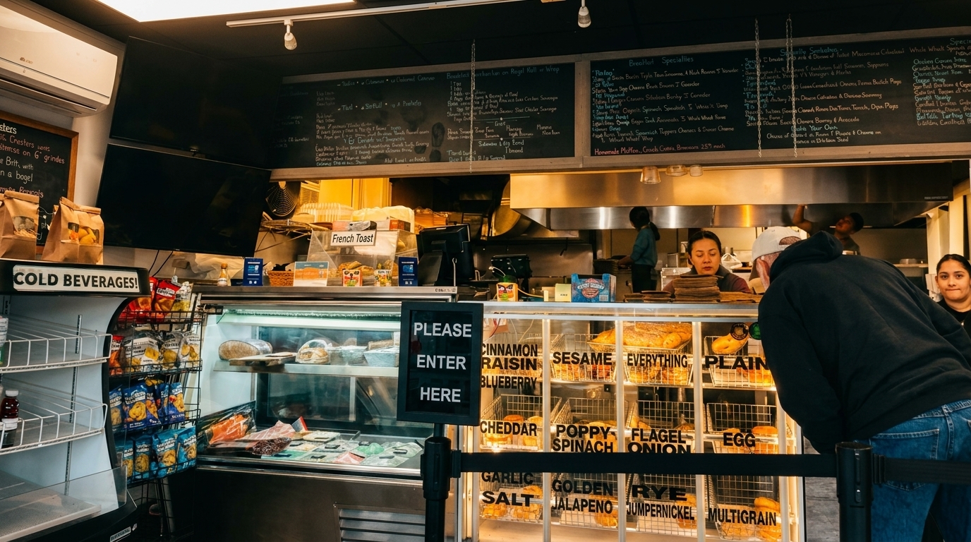 A customer orders at a bustling deli counter with a variety of bagels and cold beverages.