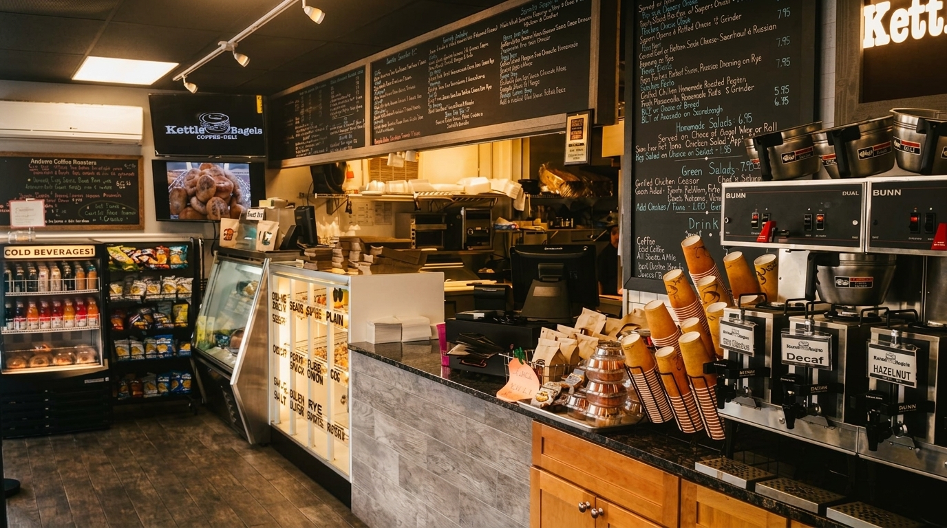 Interior view of Kettle Bagels deli counter with menus, coffee machines, and display cases.