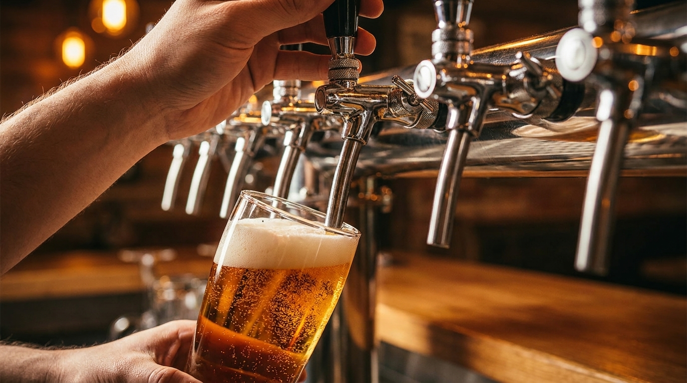 A hand pouring a golden beer with a frothy head from a tap into a glass.