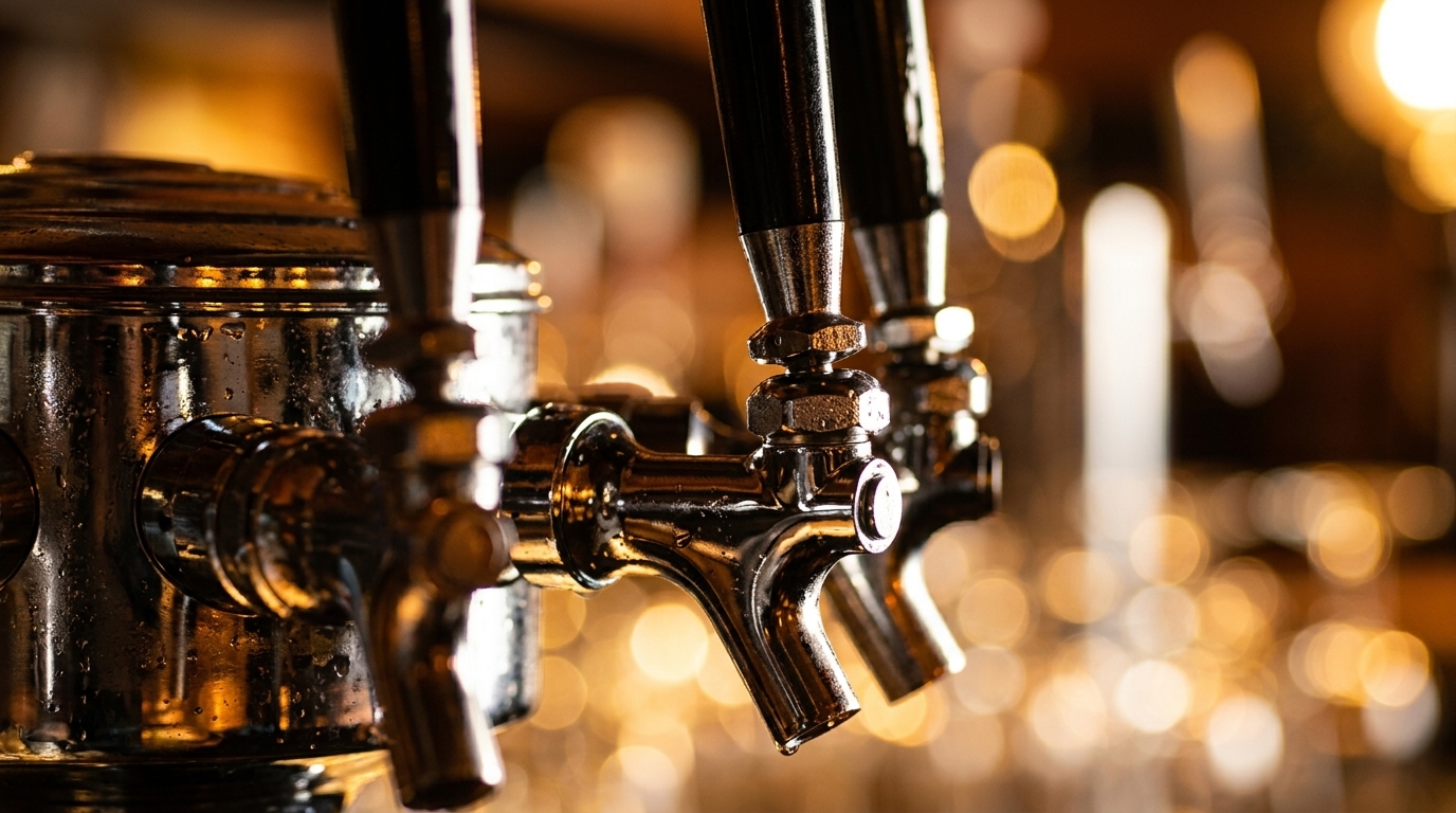 Close-up of shiny chrome beer taps with water droplets, against a warm, blurry background.