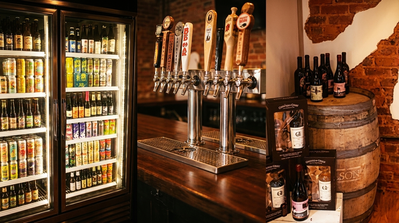 A beer fridge, taps, and wine bottles on a barrel in a rustic bar setting.