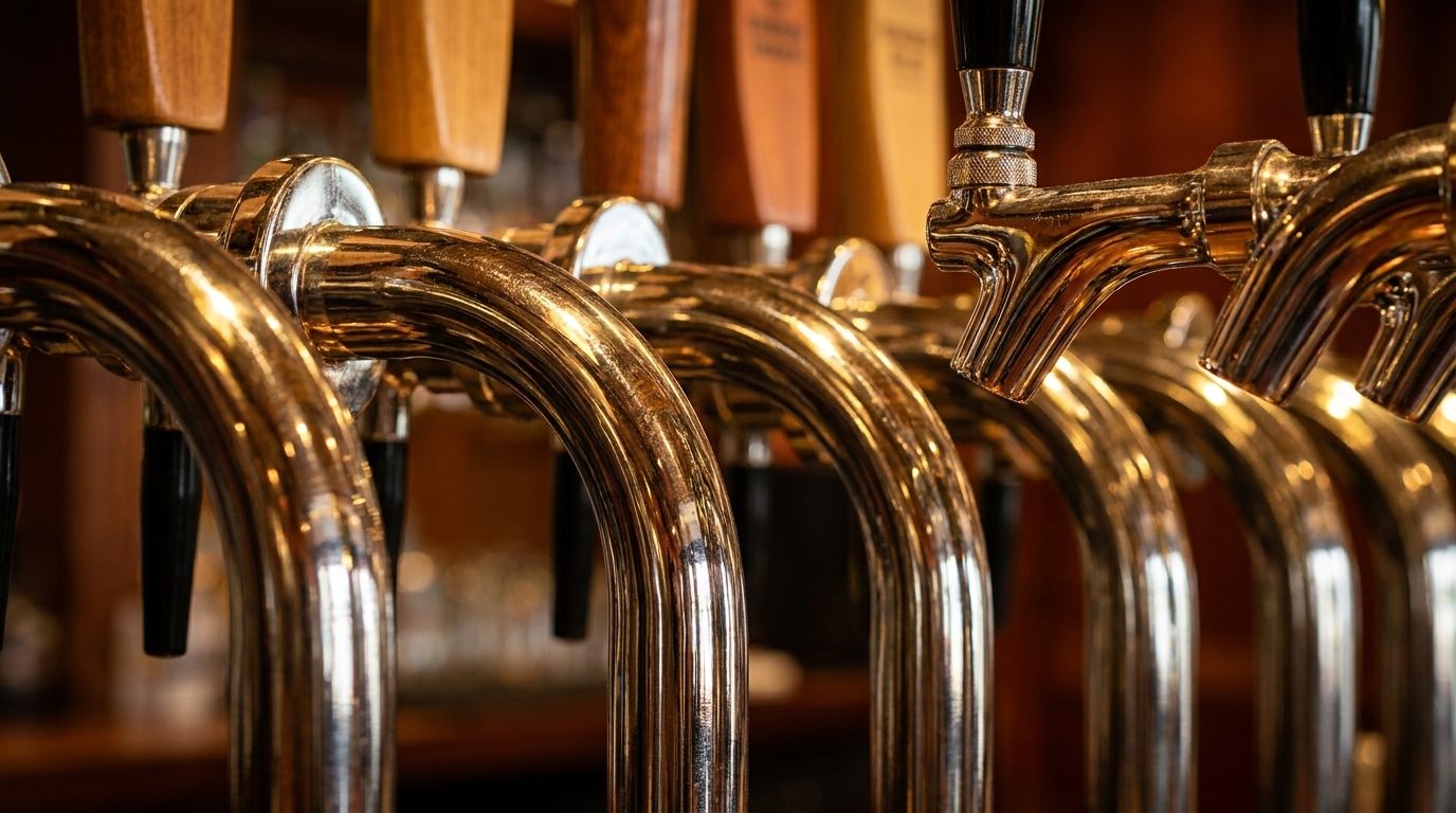 Close-up of multiple shiny brass beer taps with wooden and black handles in a row.
