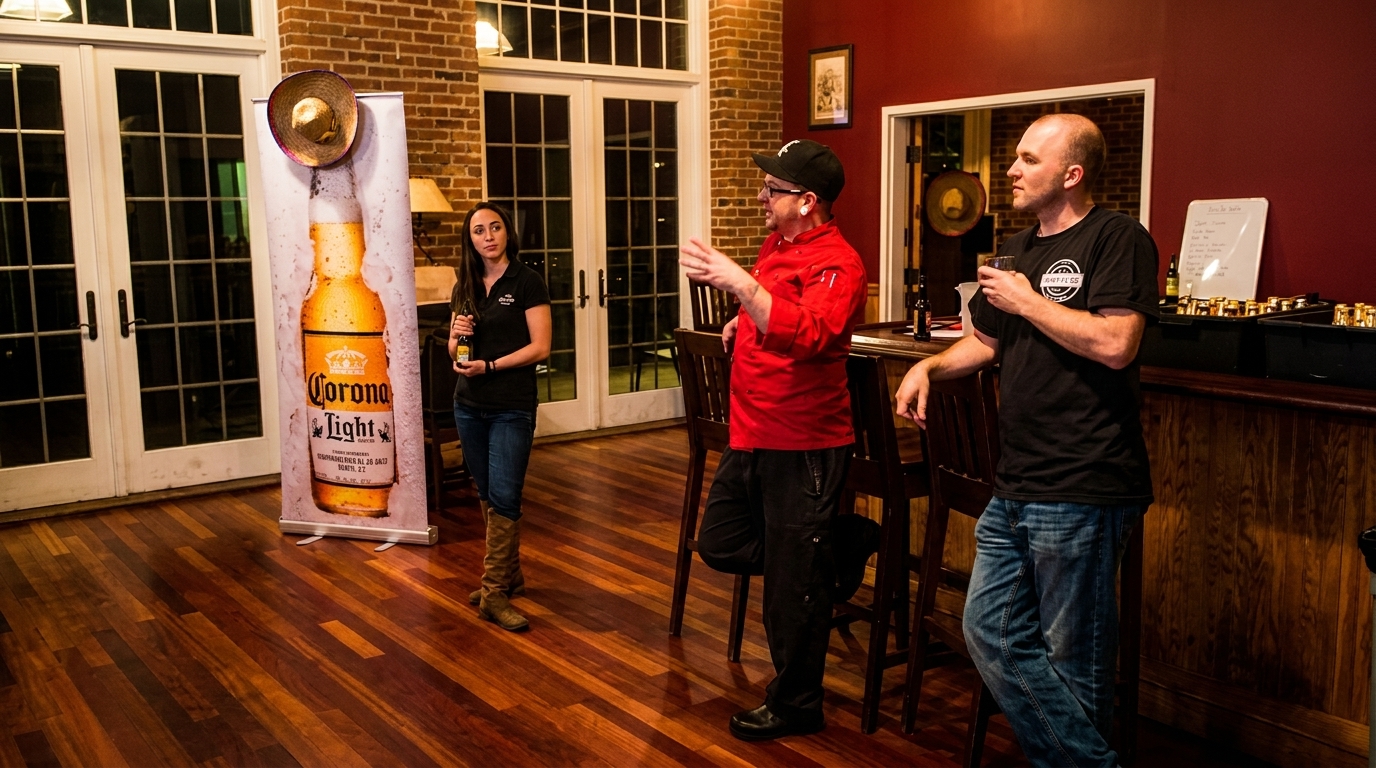 Three people, two men and one woman, stand and converse in a room with a Corona Light banner.