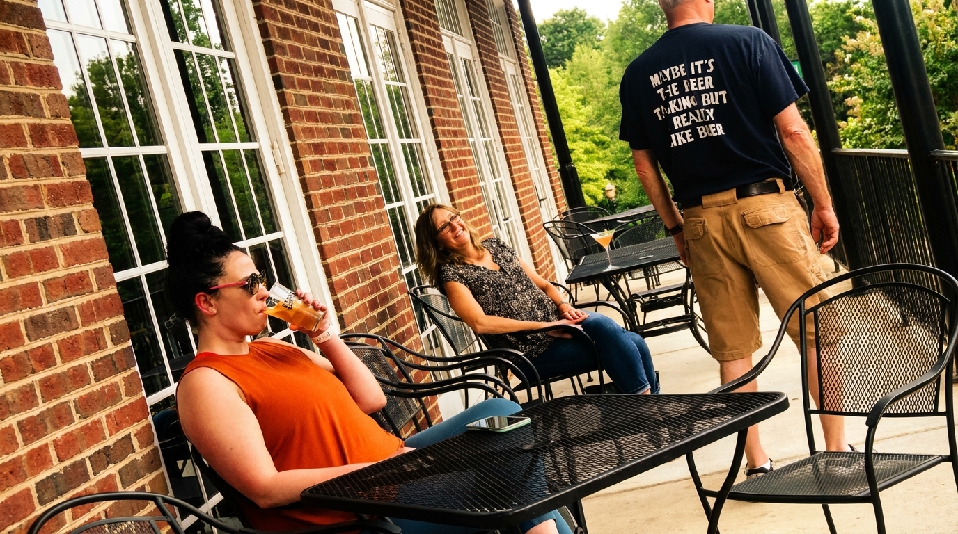 People relaxing on an outdoor patio with brick walls and large windows, enjoying drinks.