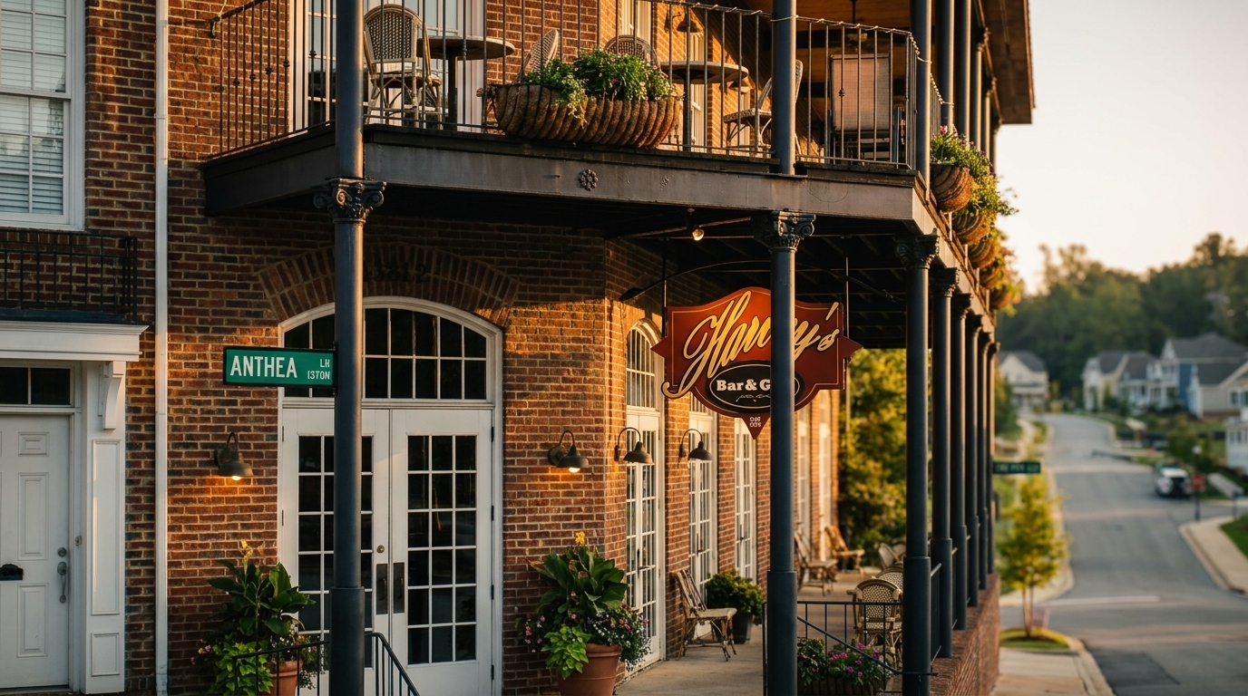A brick building with a balcony and a sign for "Harry's Bar & Grill" at sunset.
