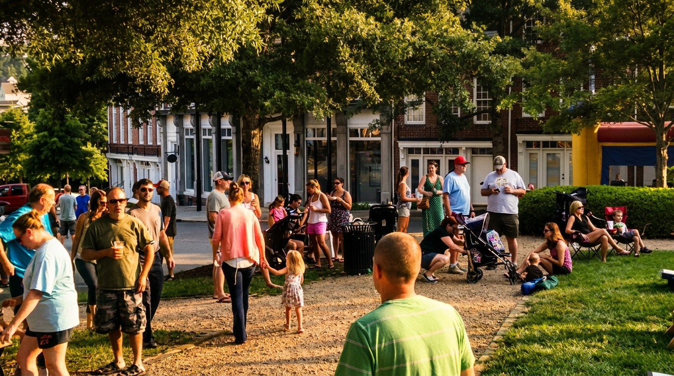 People gather outdoors on a sunny day, some standing, others relaxing on grass near buildings.