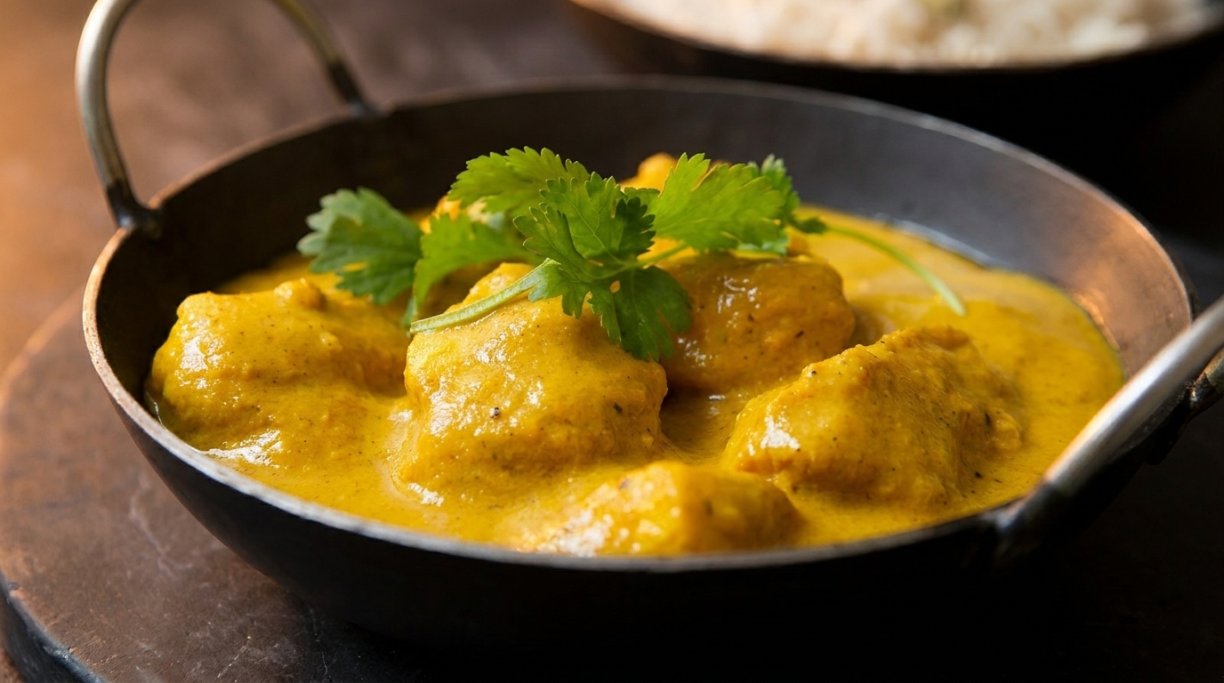 Chicken curry in a black bowl, garnished with fresh cilantro, with rice in the background.