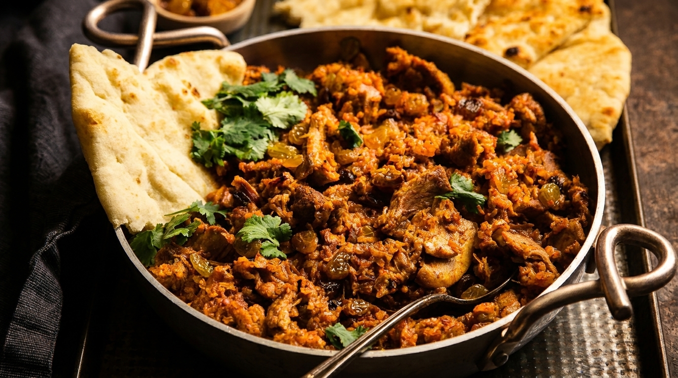 Close-up of a pan filled with chicken biryani, garnished with cilantro and served with naan bread.