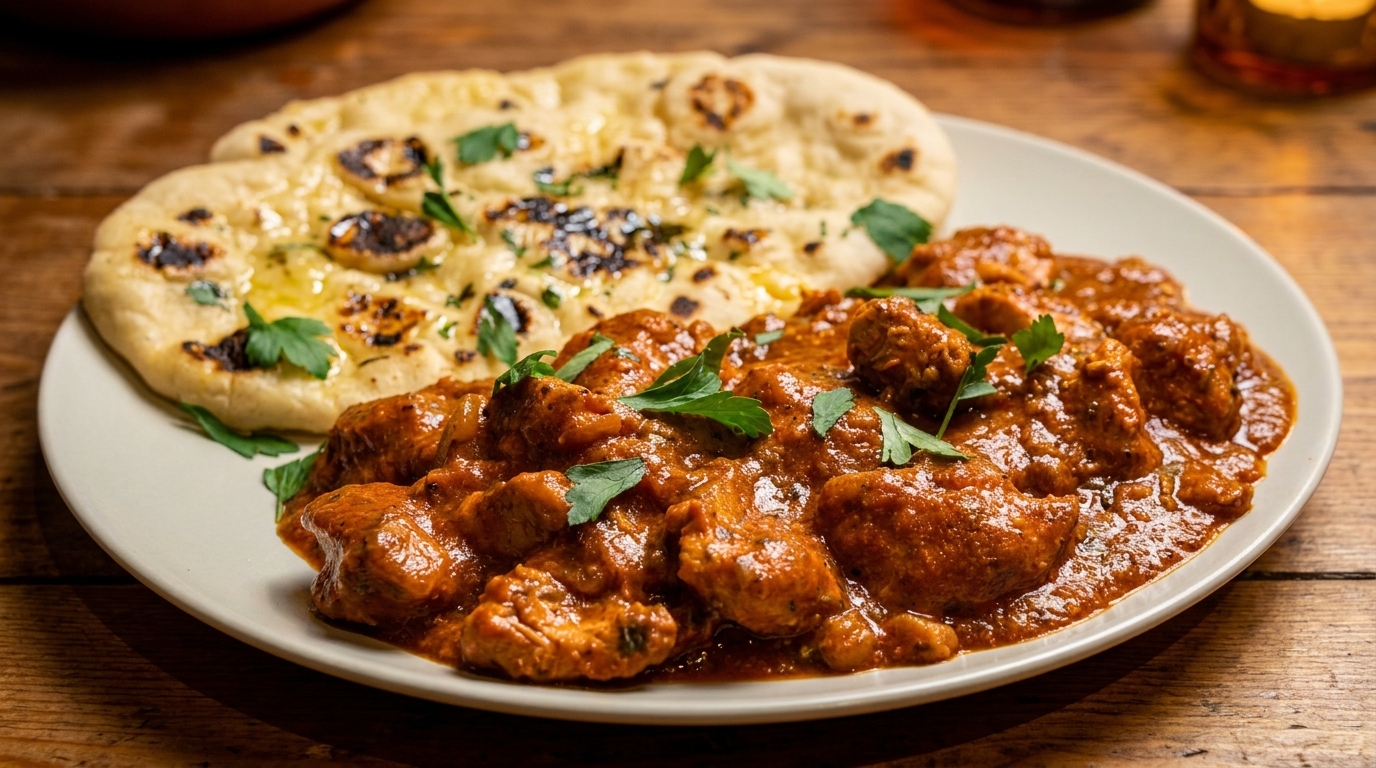 Chicken tikka masala with naan bread, garnished with fresh parsley on a wooden table.