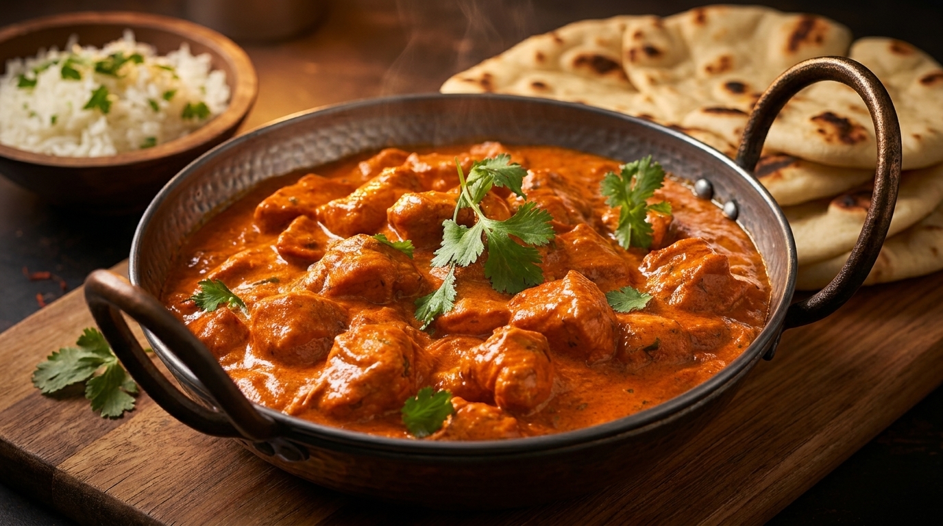 A metal bowl of butter chicken curry with cilantro, served with rice and naan bread.