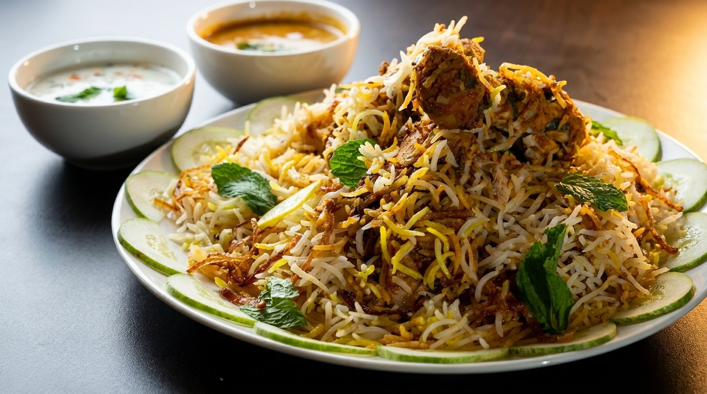 Chicken biryani with cucumber slices, mint, and two bowls of sauce on a dark surface.