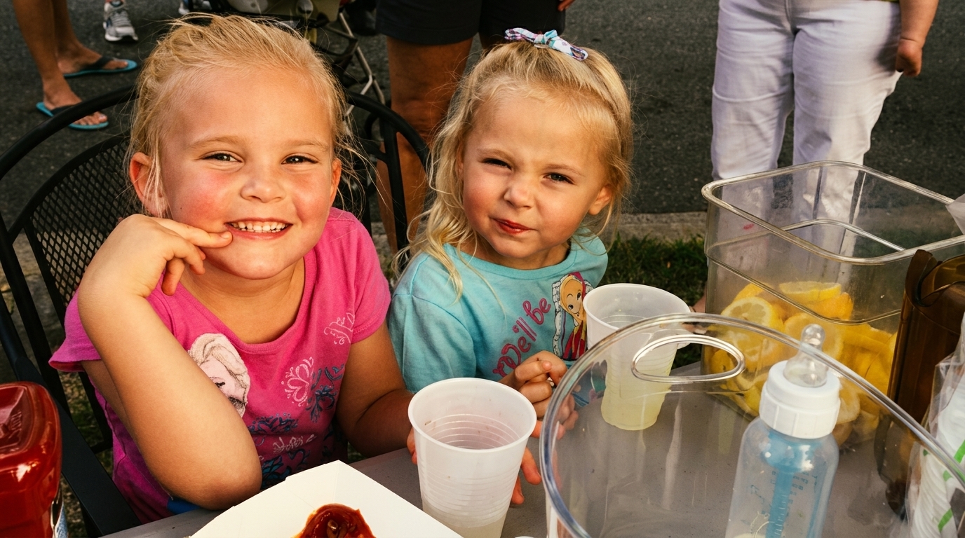 Two young blonde girls smiling at a table with lemonade and food outdoors.