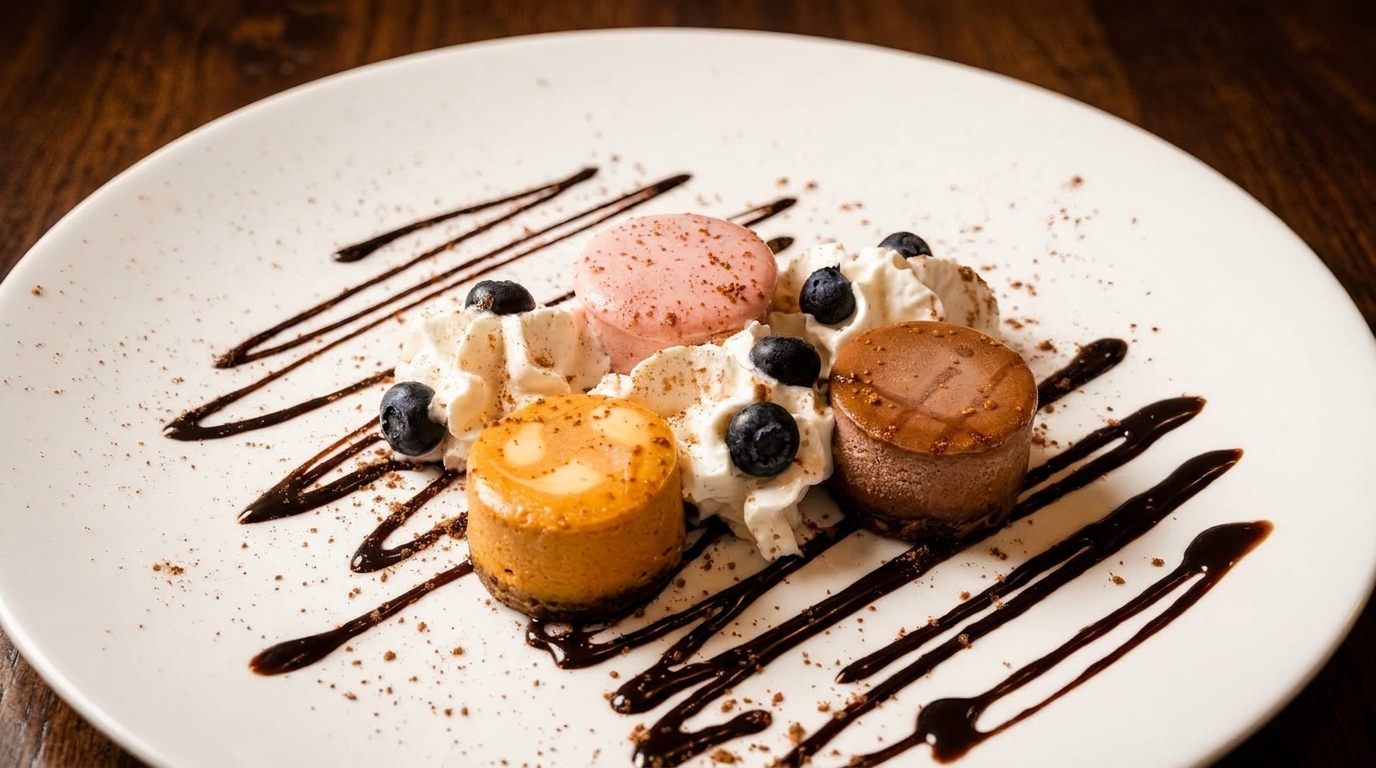 Three mini cheesecakes with whipped cream, blueberries, and a pink macaron, drizzled with chocolate sauce.