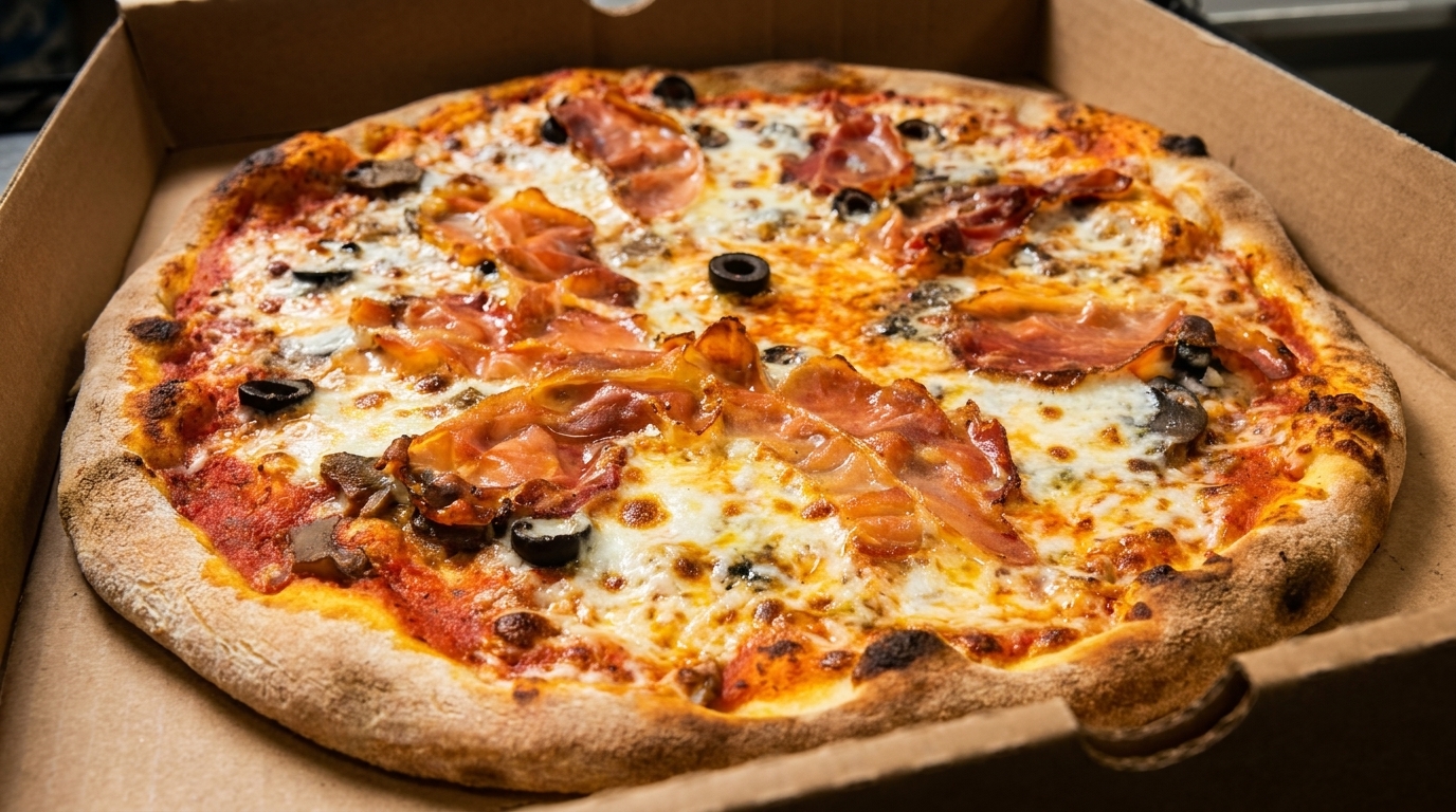 A freshly baked pizza with prosciutto, mushrooms, and olives in a cardboard delivery box.