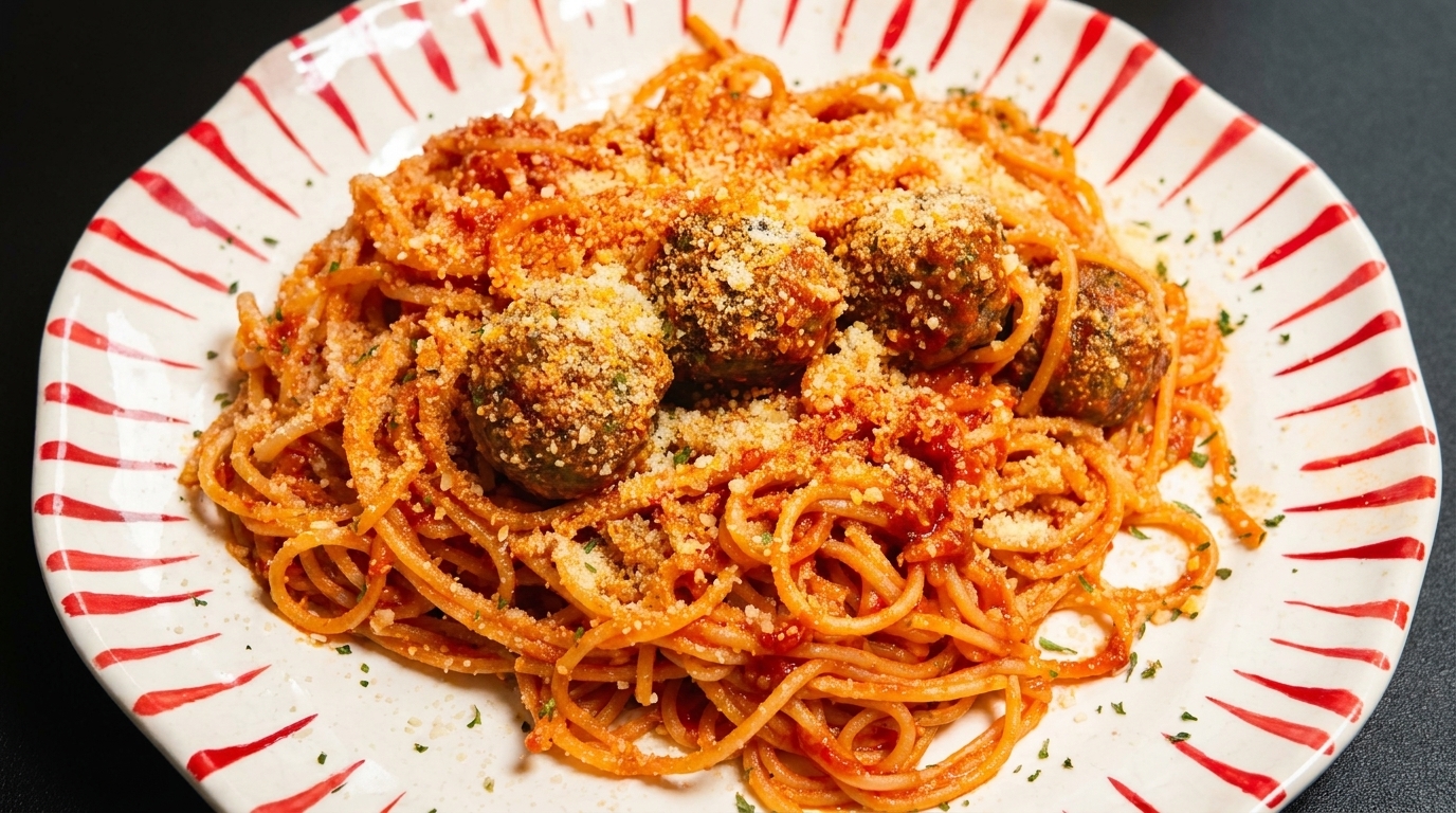 Spaghetti with meatballs and tomato sauce, topped with grated cheese and parsley on a striped plate.