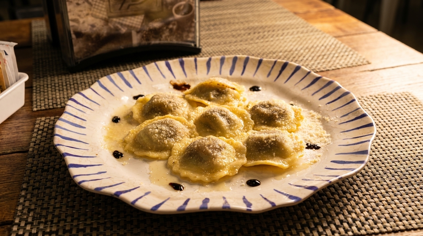 Seven ravioli with cheese and sauce on a white plate with blue stripes on a wooden table.