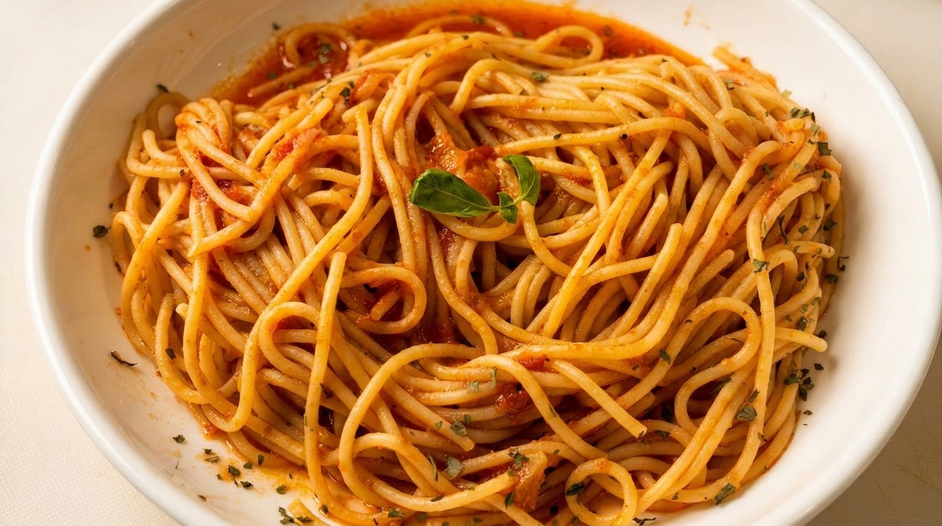 A white bowl filled with spaghetti in red sauce, garnished with a basil leaf and herbs.