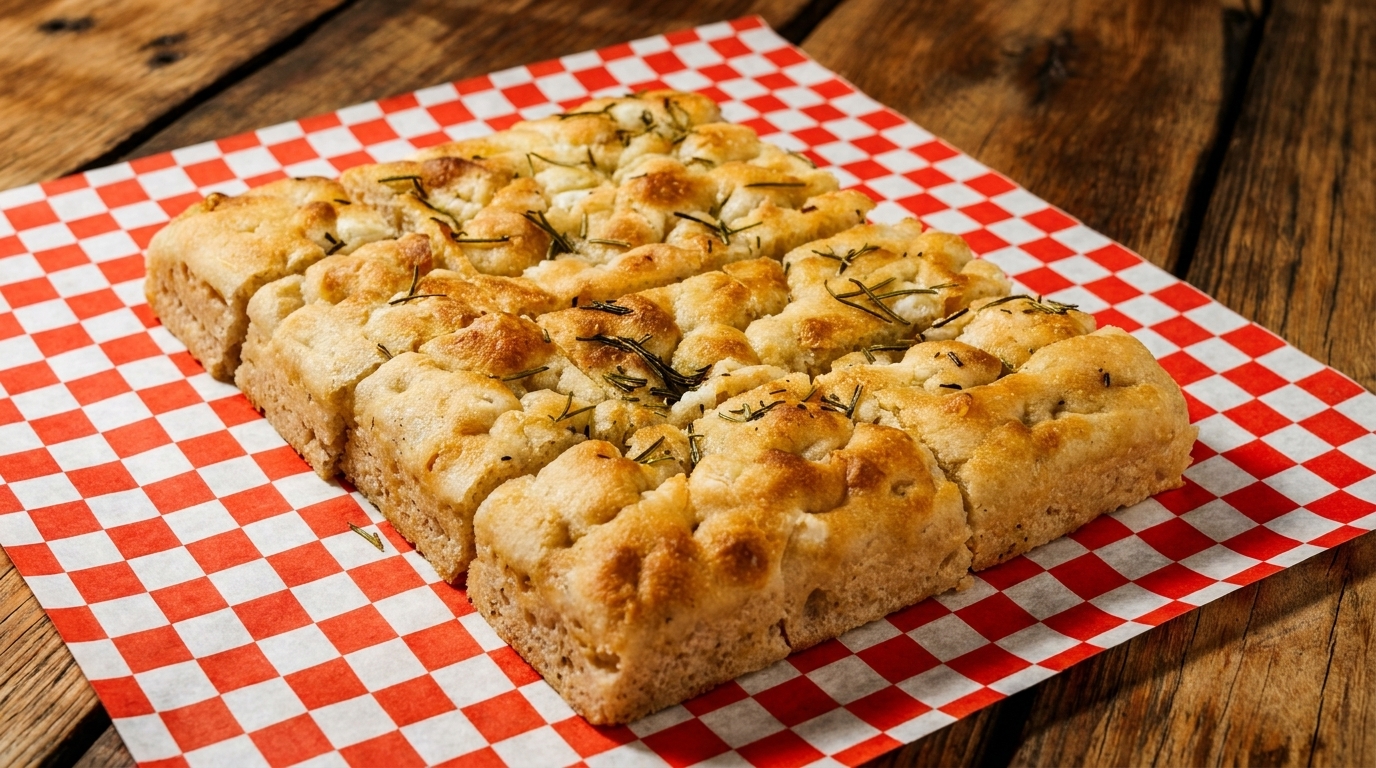 Golden brown focaccia bread, topped with rosemary, sits on red and white checkered paper.