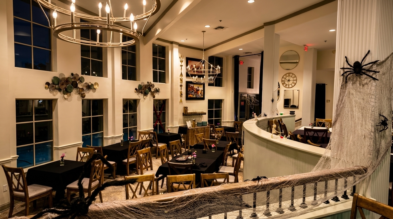 Restaurant dining room decorated for Halloween with spiderwebs, spiders, and skeletons.