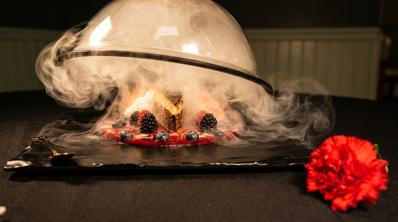 Cheesecake slice with berries and sauce under a cloche, emitting smoke, next to a red flower.