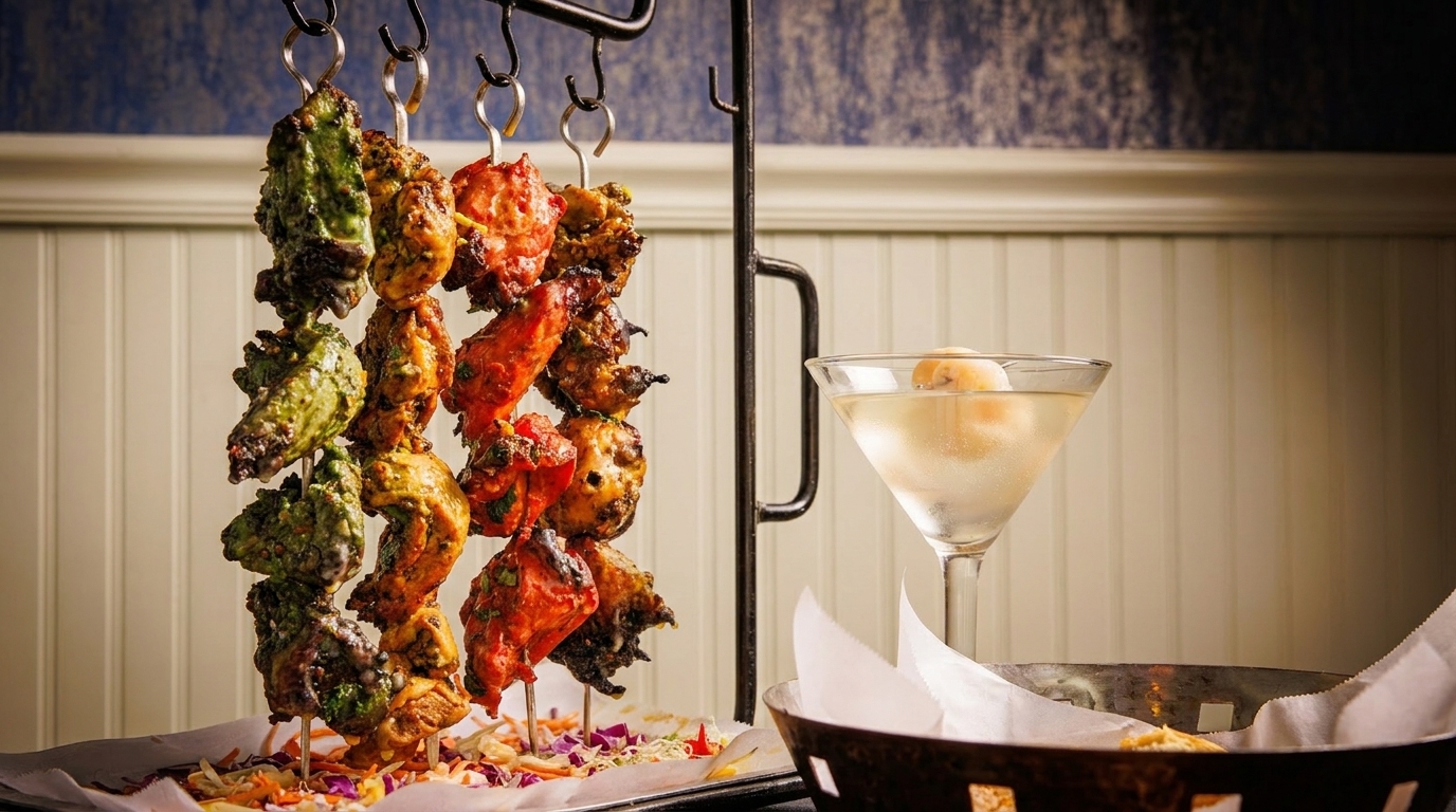 Colorful chicken skewers hanging from a rack, with a martini and bread basket on a table.
