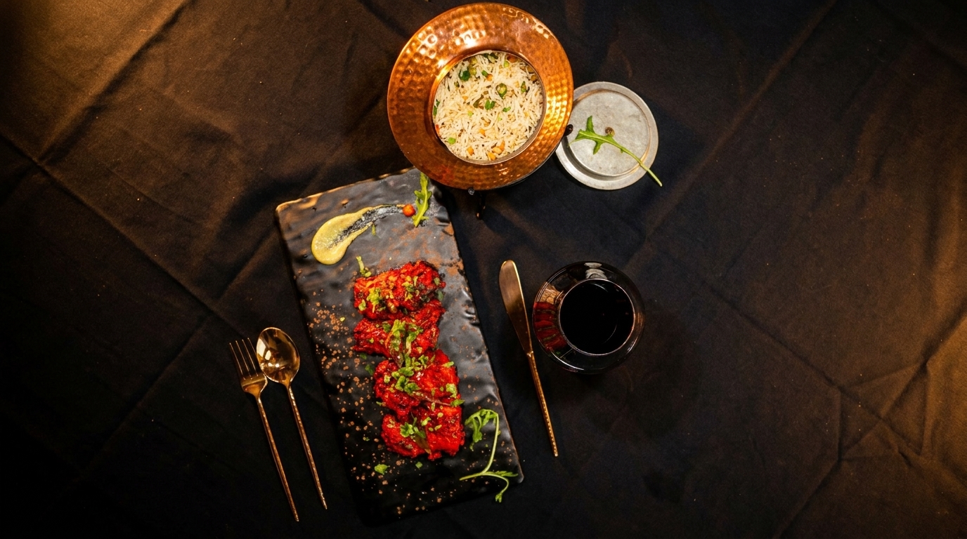 Overhead view of a black platter with red chicken, a copper bowl of rice, and a drink.