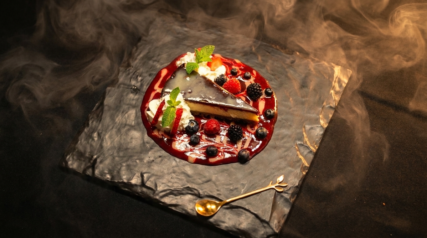 Cheesecake slice with berries, whipped cream, and mint on a dark plate with smoke.