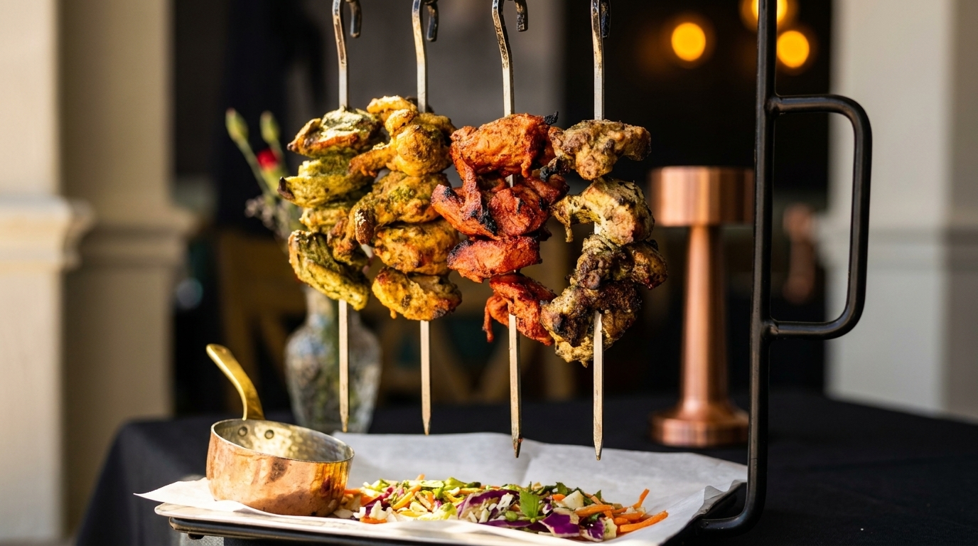 Colorful chicken skewers, including green, orange, and brown varieties, served with a side salad.