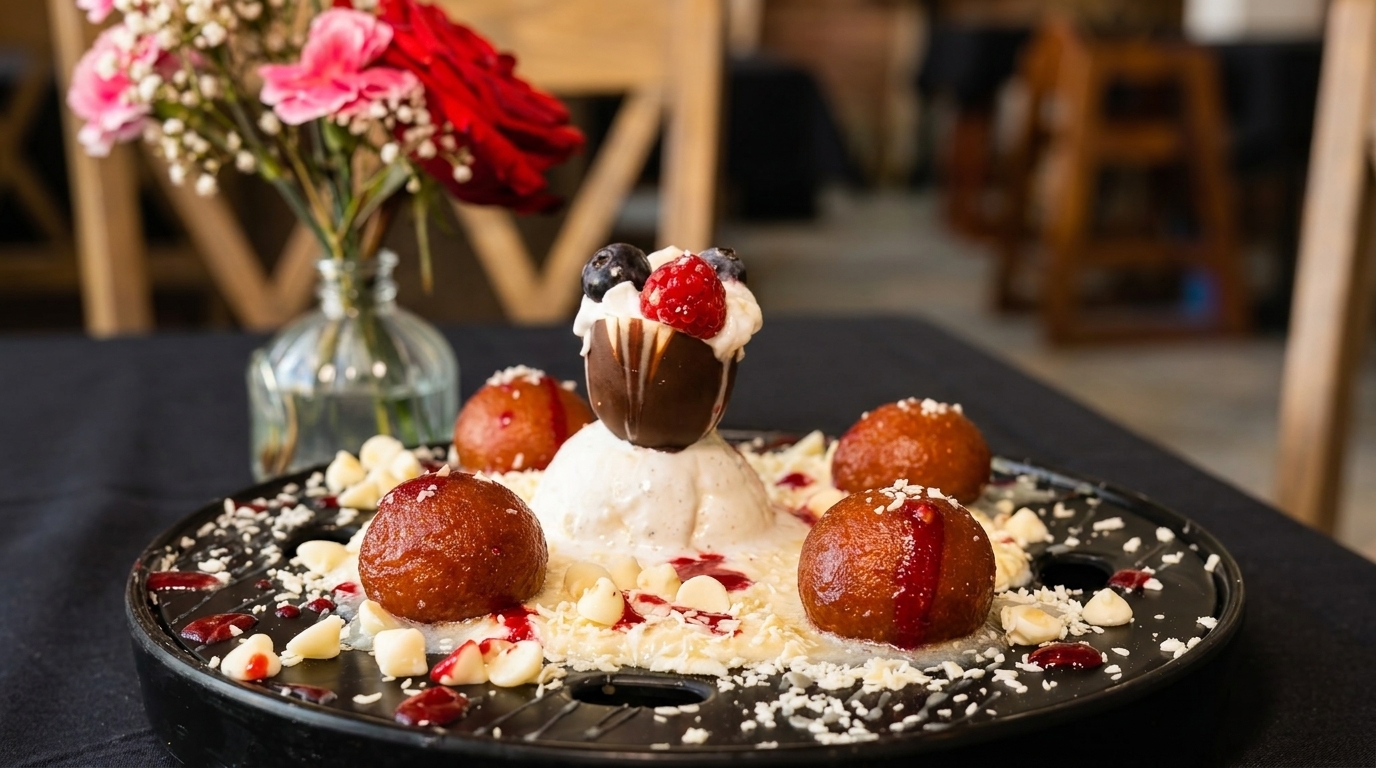 Four gulab jamun surround a scoop of ice cream topped with a chocolate cup, berries, and cream.