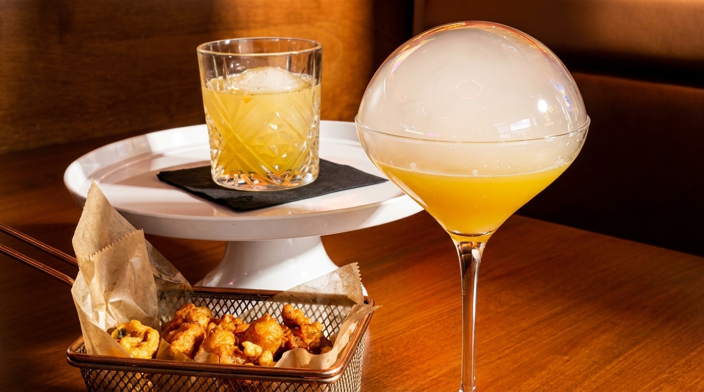 Two cocktails, one with a smoke bubble, and a basket of fried snacks on a wooden table.