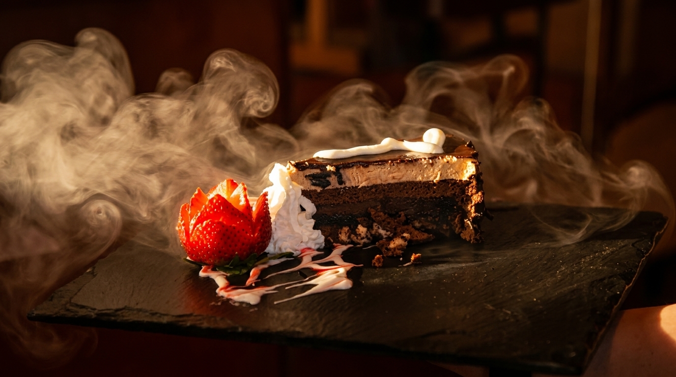 Decadent chocolate cake slice with whipped cream, carved strawberry, and smoke on a slate plate.