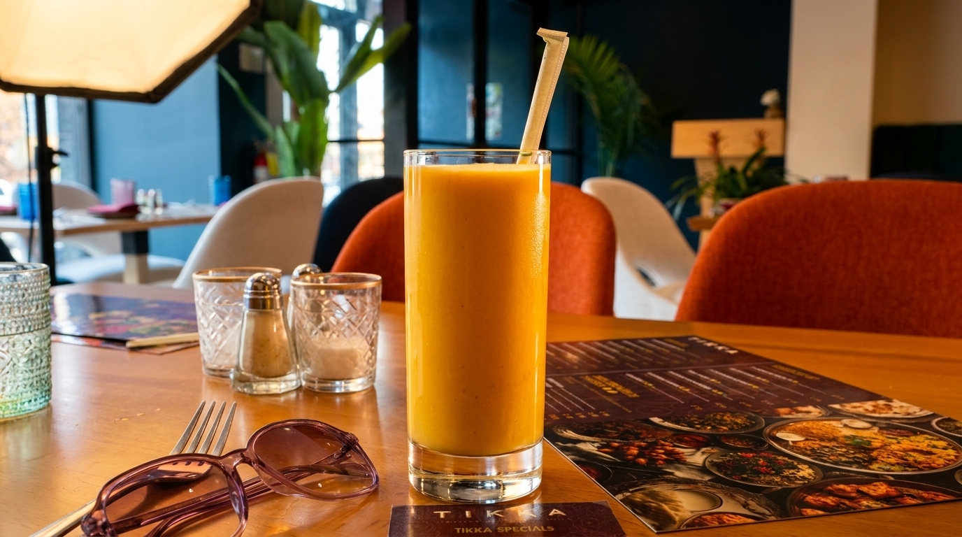 A tall glass of orange mango lassi with a straw on a wooden table at Tikka restaurant.