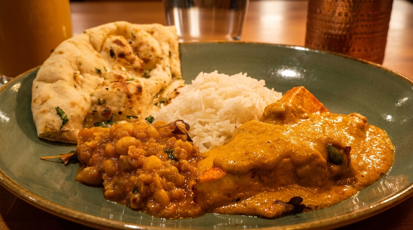Indian meal with naan bread, rice, chickpea curry, and paneer in a rich orange sauce.